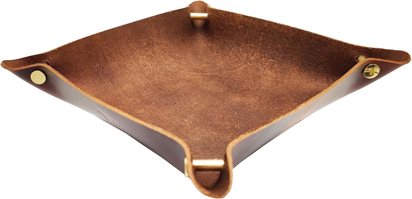 Leather Valet Tray Entryway Catchcall Tray Nightstand Organizer Storage for Wallets Watches Keys Holder Dish Bowl Coins Office Desk Accessory (Antique Brown-Oil Wax Leather).