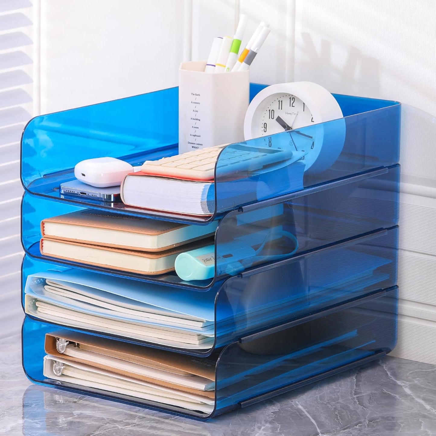 CiWiVOKi 2 Pack Stackable Paper Tray File Organizer for Desk, Office Organizer and Storage for Desk Accessories, Notes, Books, File Paper, Document, Blue