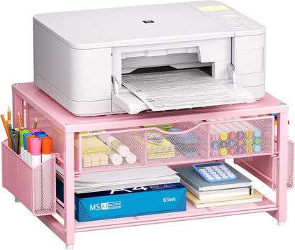 Marbrasse Metal Printer Stand for Desk with Storage Drawer and 2 Pen Holders, 2-Tier Desktop Organizer Printer Table for Home Office, Multi-Purpose Desk Organizer for Fax Machine Scanner Files(Black)