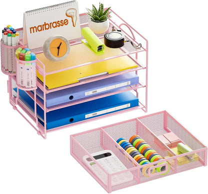 Marbrasse Desk Organizer and Accessories，4-Tier Paper Letter Tray Organizer with File Holder，Desk Accessories & Workspace Desktop Organizers for School Home Office Supplies (Blue)