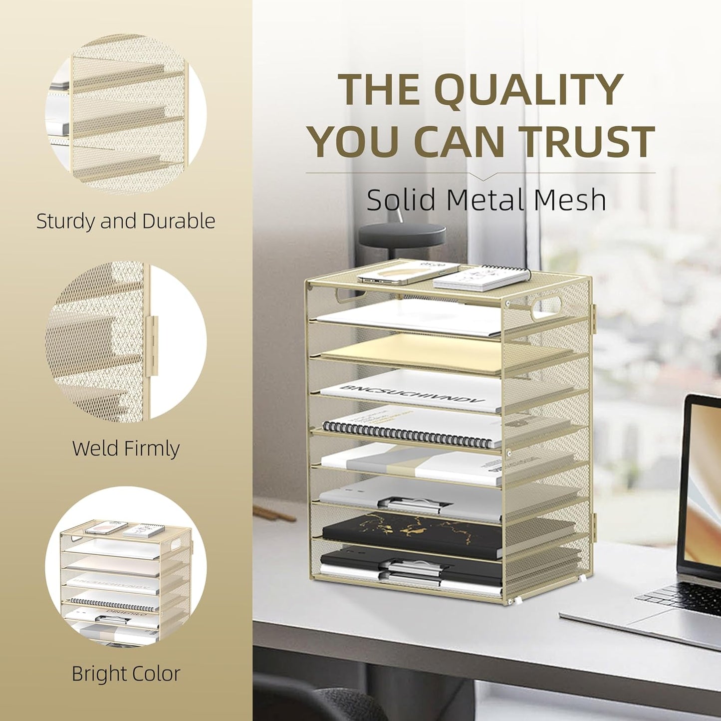DALTACK 9-Tier Paper Organizer for Desk, Mesh Letter Tray Desk Organizer with Handles, Space-Saving File Organizer for Office Home School Classroom, Black