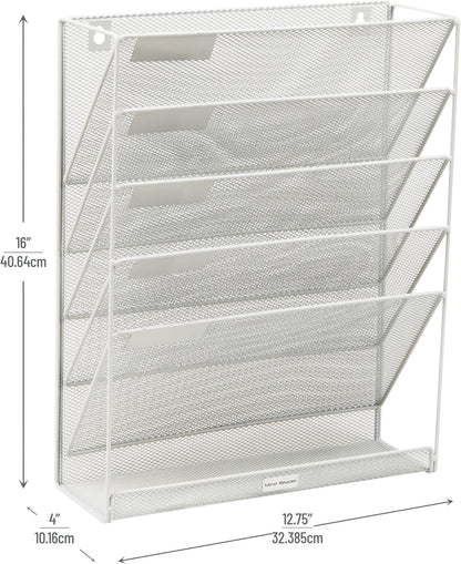 Mind Reader 5-Pocket Vertical File Storage, Desktop Organizer, Wall Mount, Office, Metal Mesh, Pink