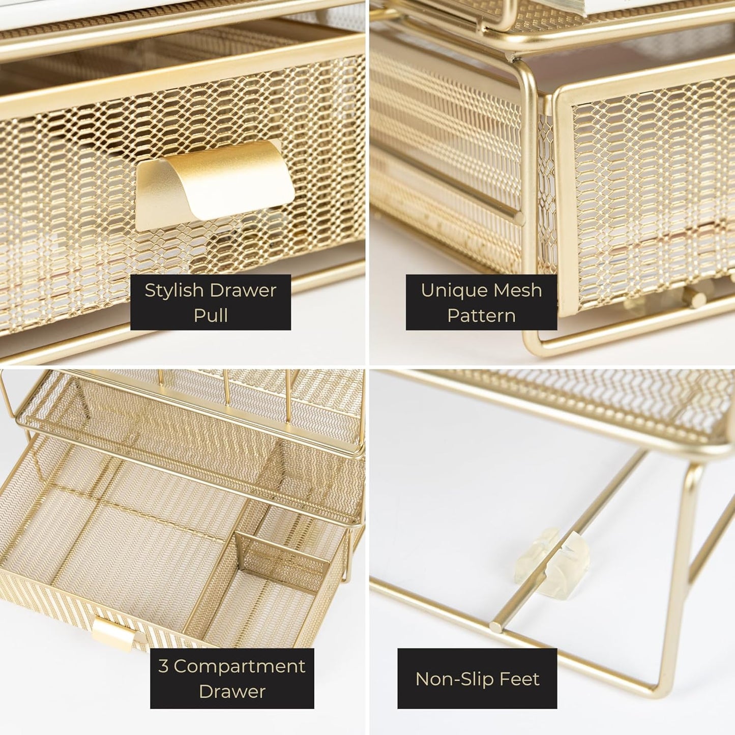 BLU MONACO | Gold Desk Organizer Set with Detachable File Organizer, Stackable Paper Tray & Storage Drawer | Stylish Gold Desk Accessories for Women & Office Organization