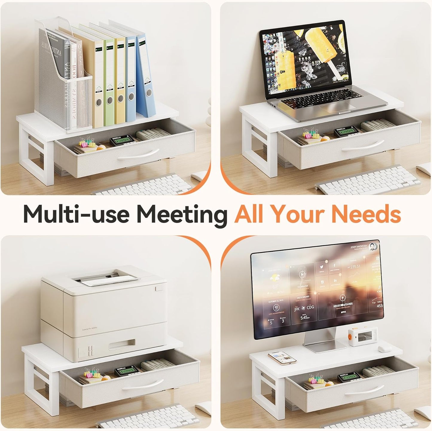 Desk Organizers and Accessories, Computer Monitor Stand Riser with Fabric Drawer, 2-Tier Laptop Stand for Desk, Office Organization Accessories, Pink