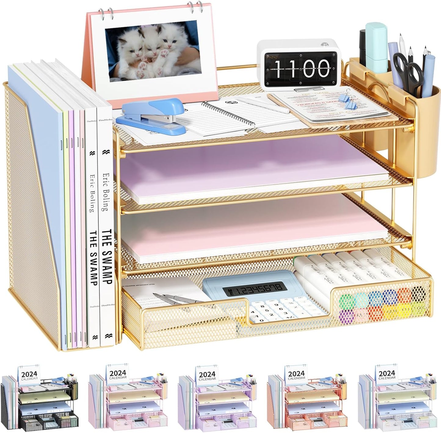 OPNICE Desk Organizers and Accessories, 4-Tier Office Desk Accessories & Workspace Organizers with Drawer and Pen Holder, Desktop Paper Tray File Organizer for Home Office Supplies, Gold