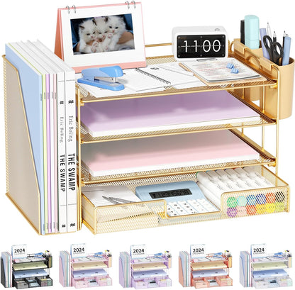 OPNICE Desk Organizers and Accessories, 4-Tier Office Desk Accessories & Workspace Organizers with Drawer and Pen Holder, Desktop Paper Tray File Organizer for Home Office Supplies, Gold