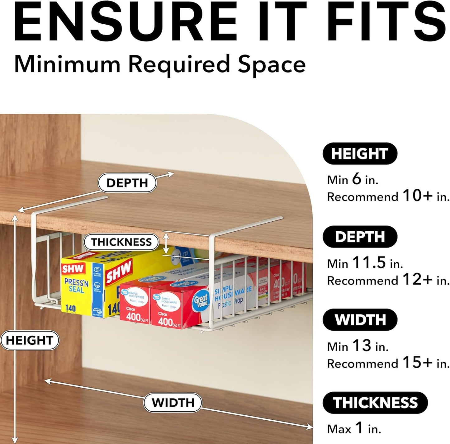 Simple Houseware Under Shelf Basket, White – 2-Pack Space-Saving Storage Organizer for Kitchen, Pantry, Closet, Office – Wire Metal Shelf Organizer, No Tools Required
