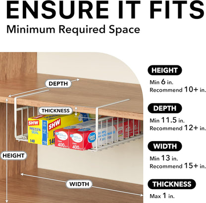 Simple Houseware Under Shelf Basket, White – 2-Pack Space-Saving Storage Organizer for Kitchen, Pantry, Closet, Office – Wire Metal Shelf Organizer, No Tools Required