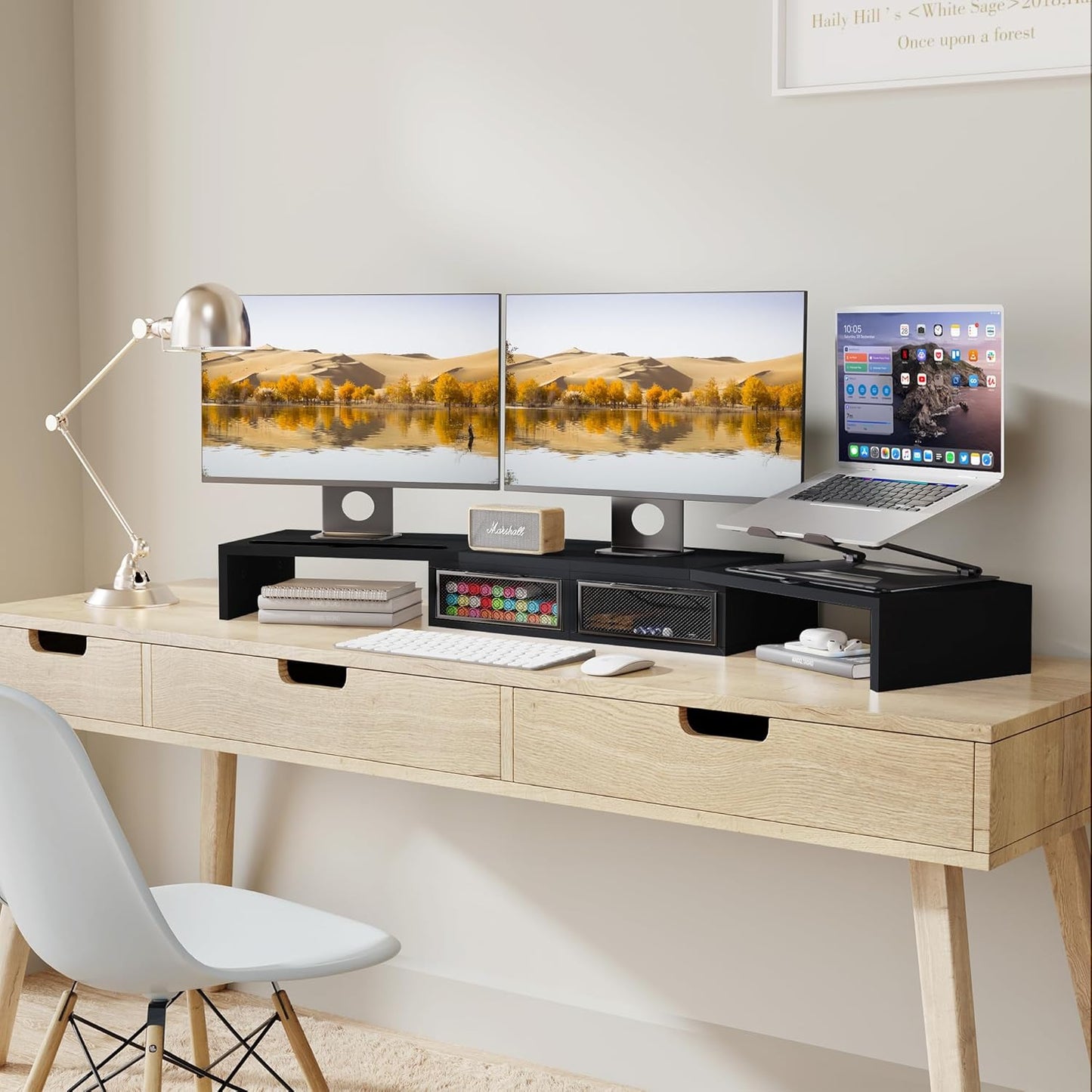 ZIFTY Dual Monitor Stand Riser for 3 Monitors, Desk Organizer with 2 Drawer and Smartphone Holder, Adjustable Length & Angle Workspace Organizers for Monitors Laptop Printer Computer, White