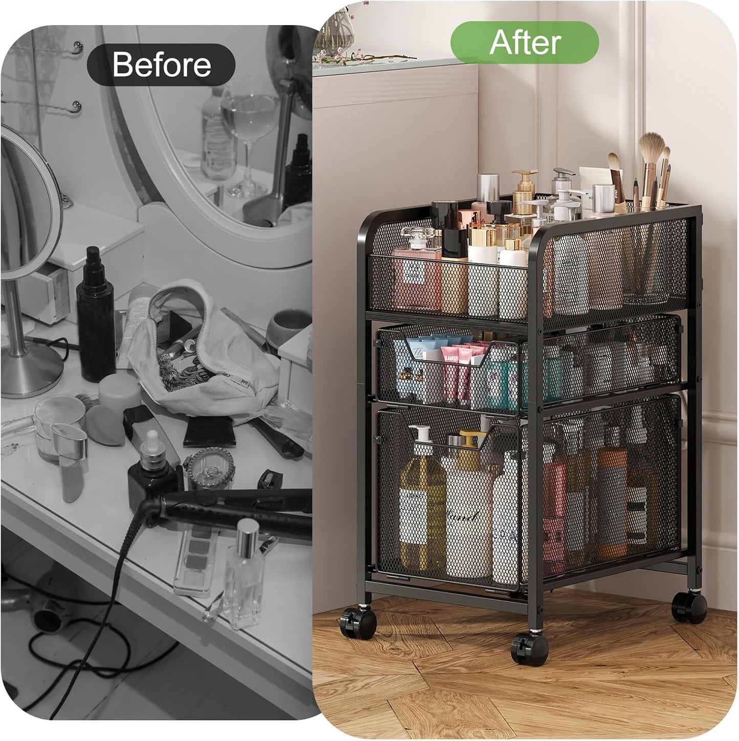 Hongtamoya Rolling Makeup Cart Organizer with 2 Drawers, Narrow Floor Skincare Organizers, Vanity Organizer Cosmetics Display Cases Holder for Skin Care Nail Polish Perfume Makeup Brush, White