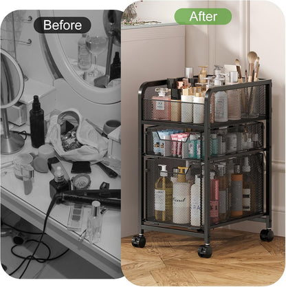 Hongtamoya Rolling Makeup Cart Organizer with 2 Drawers, Narrow Floor Skincare Organizers, Vanity Organizer Cosmetics Display Cases Holder for Skin Care Nail Polish Perfume Makeup Brush, White