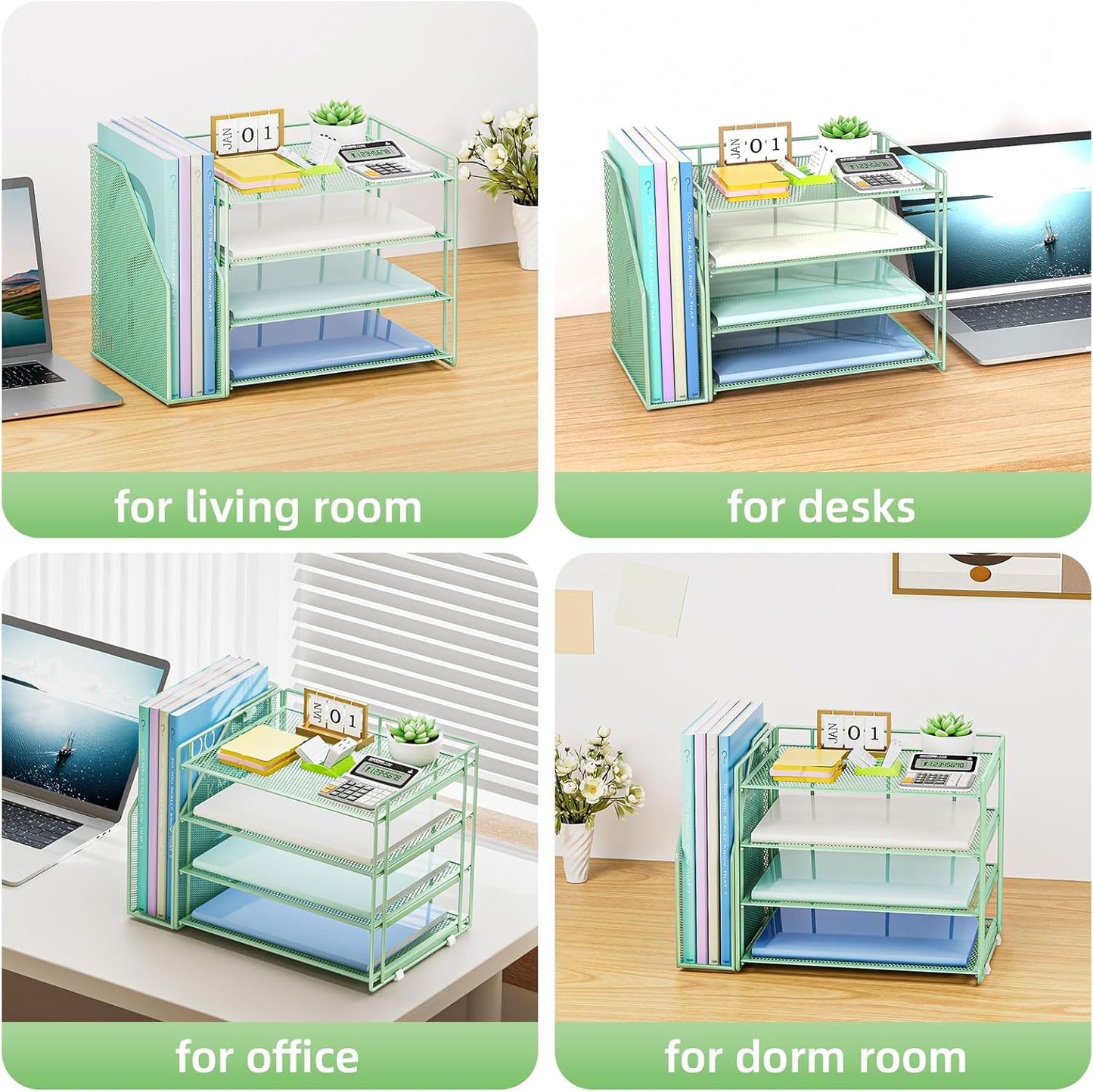 Marbrasse Desk Organizer and Accessories，4-Tier Paper Letter Tray Organizer with File Holder，Desk Accessories & Workspace Desktop Organizers for School Home Office Supplies (Blue)