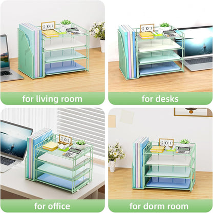 Marbrasse Desk Organizer and Accessories，4-Tier Paper Letter Tray Organizer with File Holder，Desk Accessories & Workspace Desktop Organizers for School Home Office Supplies (Blue)