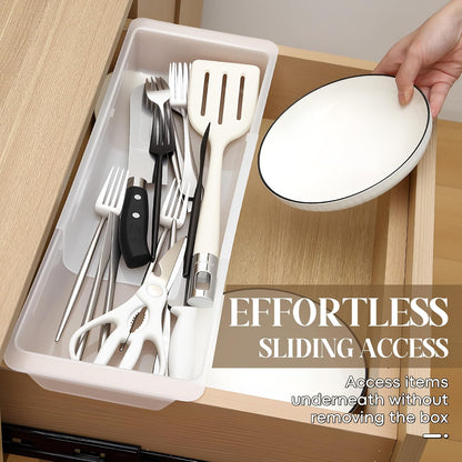 2 Pack Deep Drawer Organizer Bins, Adjustable Sliding Drawer Organizer Bin Expandable Tray for Kitchen Utensils, BBQ Tools, Towels, Durable Plastic Sliding for Easy Storage (17" to 27”)