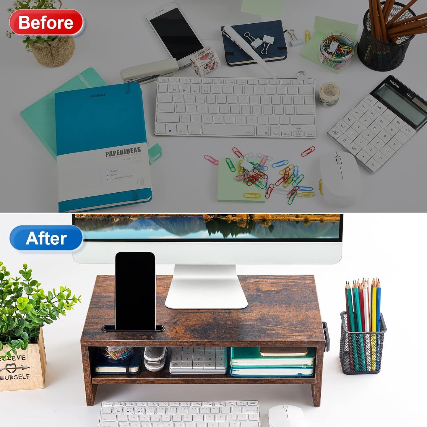 Marbrasse Monitor Stand Riser, 2 Pack 16.5 Inch 2 Tier Computer Monitor Stand, Printer Shelf Stand for Laptop Computer Screen Storagek,Desktop Stand with Phone Holder and Cable Management