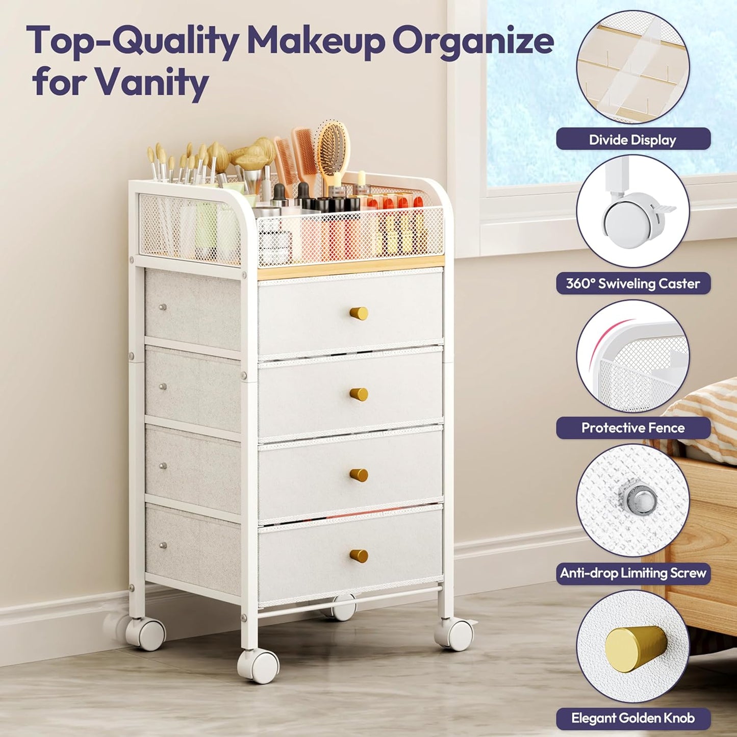 SWTYMIKI Rolling Makeup Organizer Cart - Under Desk Vanity Makeup Storage with 3 Non-woven Drawers, Nail Cart Organizer Cosmetic Display Cases Cabinet for Skin Care Perfume Nail Polish Brush Hair Tool