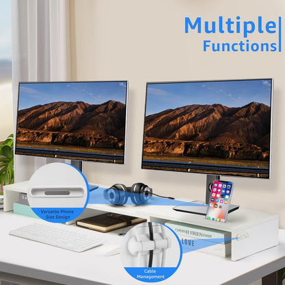 La Jaco Dual Monitor Stand Riser for 2 Monitors, Monitor Stand for Desk, Adjustable Length & Swivel Angle Wooden Desktop Organizer Stand Riser with Smartphone Holder for PC Monitor Laptop, White