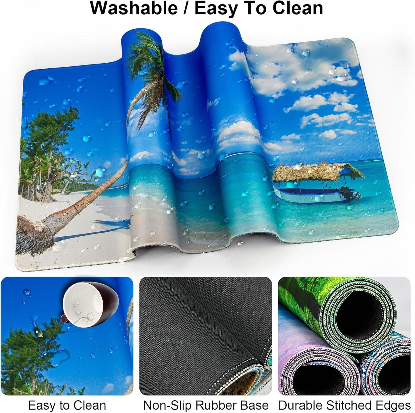 Keyboard Wrist Rest + Mouse Pad with Wrist Support + Desk Mat + Coaster 4 in 1 Set, XXL Large Gaming Mousepad Cute Ergonomic Mouse Pads for Desk Computer Laptop Office Decor-Beach