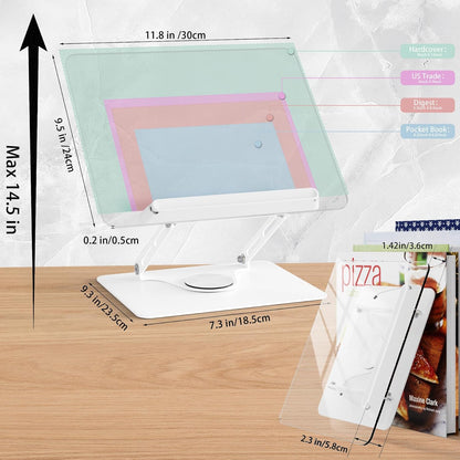 HAUTOCO Adjustable Acrylic Book Stand for Reading, 360° Rotating Base, Foldable Desktop Book Holder with Elastic Page Clips, Hands-Free Cookbook Stand for Laptop, Tablet, Recipe, Textbook, Music Score