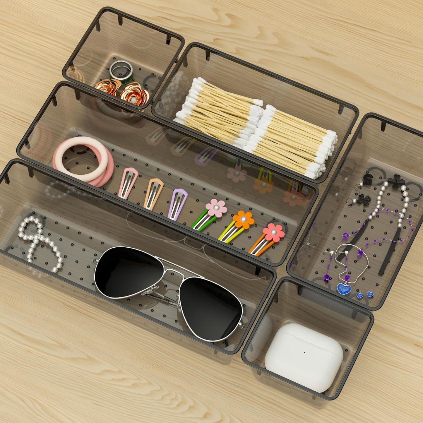 WOWBOX 6 Pack Clear Drawer Organizer Set, Acrylic Drawer Storage Trays, Storage Bins for Makeup, Cosmetics, Jewelries, Utensils, Gadgets, Office