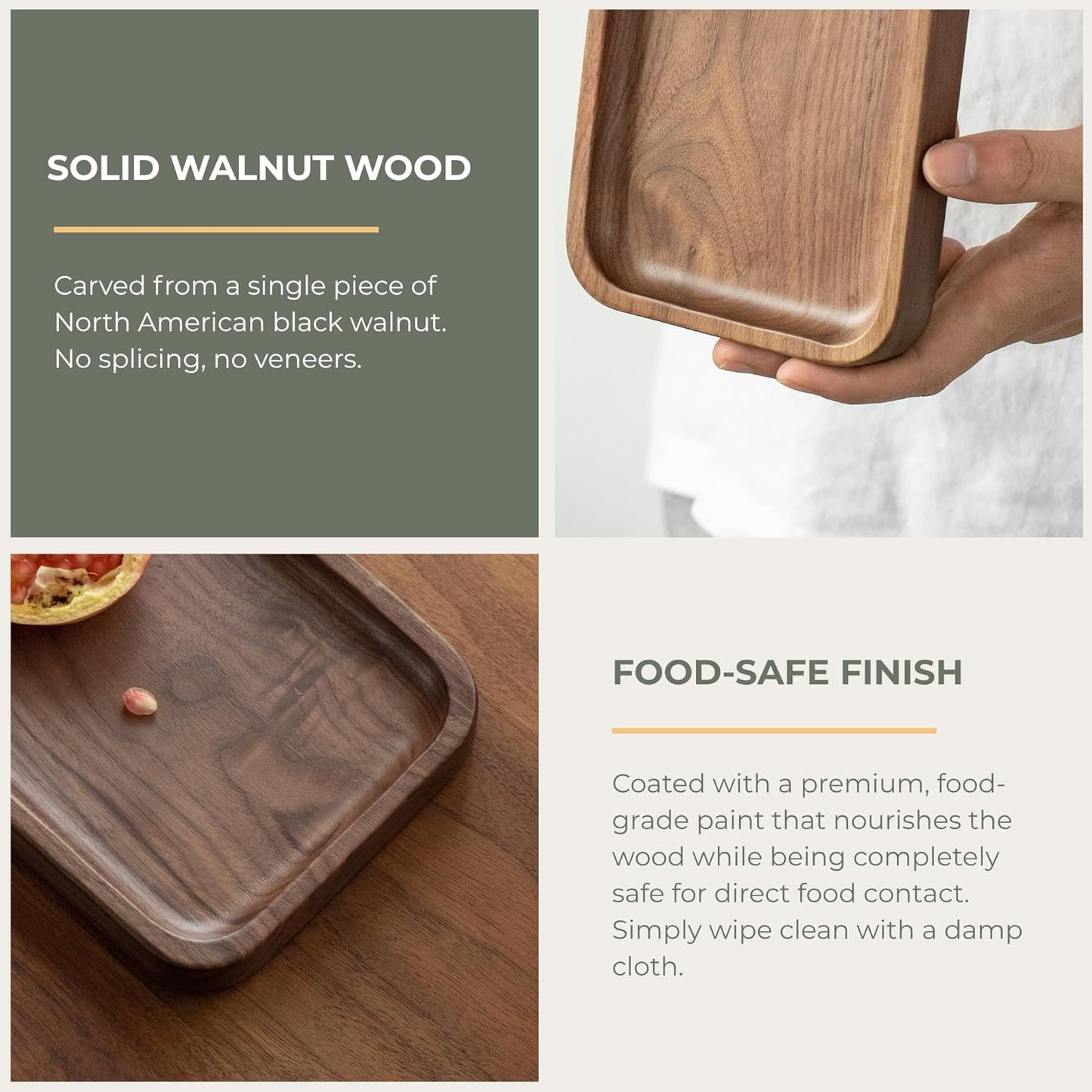 Muso Walnut Serving Tray - Solid Wood Small Rectangle Platter for Bathroom, Dinner, Tea, Coffee (11.8 x 5 in)