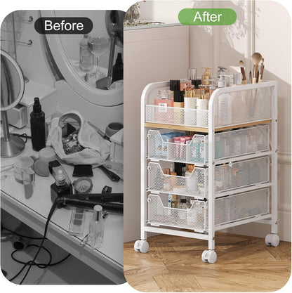 Hongtamoya Rolling Makeup Cart Organizer with 2 Drawers, Narrow Floor Skincare Organizers, Vanity Organizer Cosmetics Display Cases Holder for Skin Care Nail Polish Perfume Makeup Brush, White