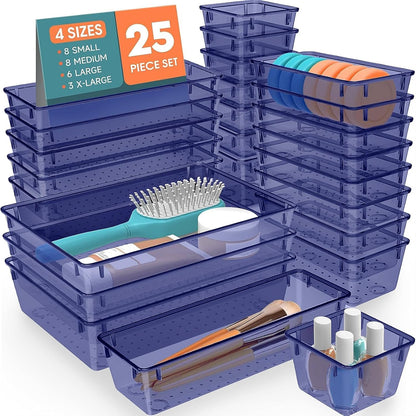 SpaceHacks 25 PCS Plastic Drawer Organizer Set, 4-Size Versatile Organizer Tool Trays & storage Bins for Makeup, Jewelry, and Gadgets in Bathroom, Bedroom and Office,Clear Black