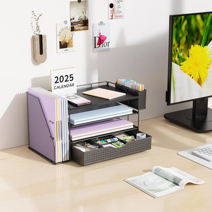 gianotter Wood Desk Organizers and Accessories with File Holder, 4-Tier Desk Accessories & Workspace Organizers with Drawer and Pen Holder, Desk Reference Organizer (Wood)