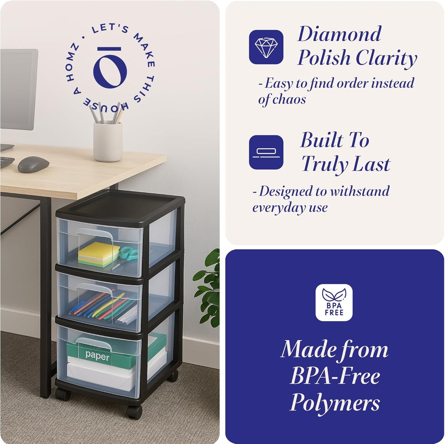 HOMZ Drawer Tower, 3-Tier Rolling Storage Cart with Removable Wheels, White Frame – Plastic Organizer with Clear Bin Drawers for Bedroom, Bathroom, Home Office, and Dorm Room