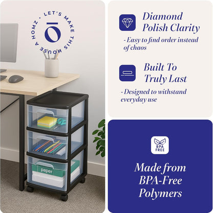 HOMZ Drawer Tower, 3-Tier Rolling Storage Cart with Removable Wheels, White Frame – Plastic Organizer with Clear Bin Drawers for Bedroom, Bathroom, Home Office, and Dorm Room