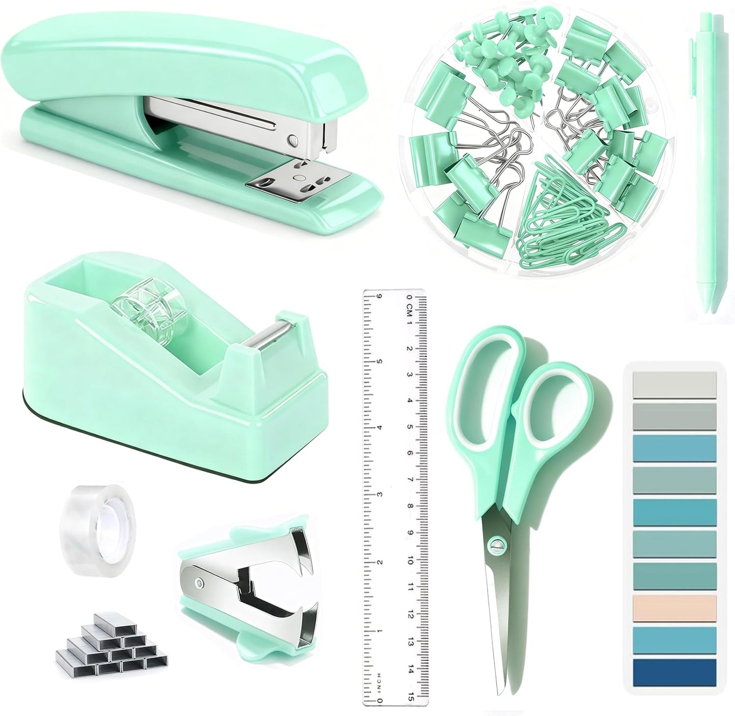 Gold Desk Accessories, Office Desk Organizers and Accessories 360°Pen Holder Acrylic Stapler Set, Phone Holder, Ballpoint Pen, Scissor, Binder Clips, Ruler, Transparent Glue, Sticky Note and Staples.