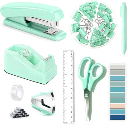 Gold Desk Accessories, Office Desk Organizers and Accessories 360°Pen Holder Acrylic Stapler Set, Phone Holder, Ballpoint Pen, Scissor, Binder Clips, Ruler, Transparent Glue, Sticky Note and Staples.