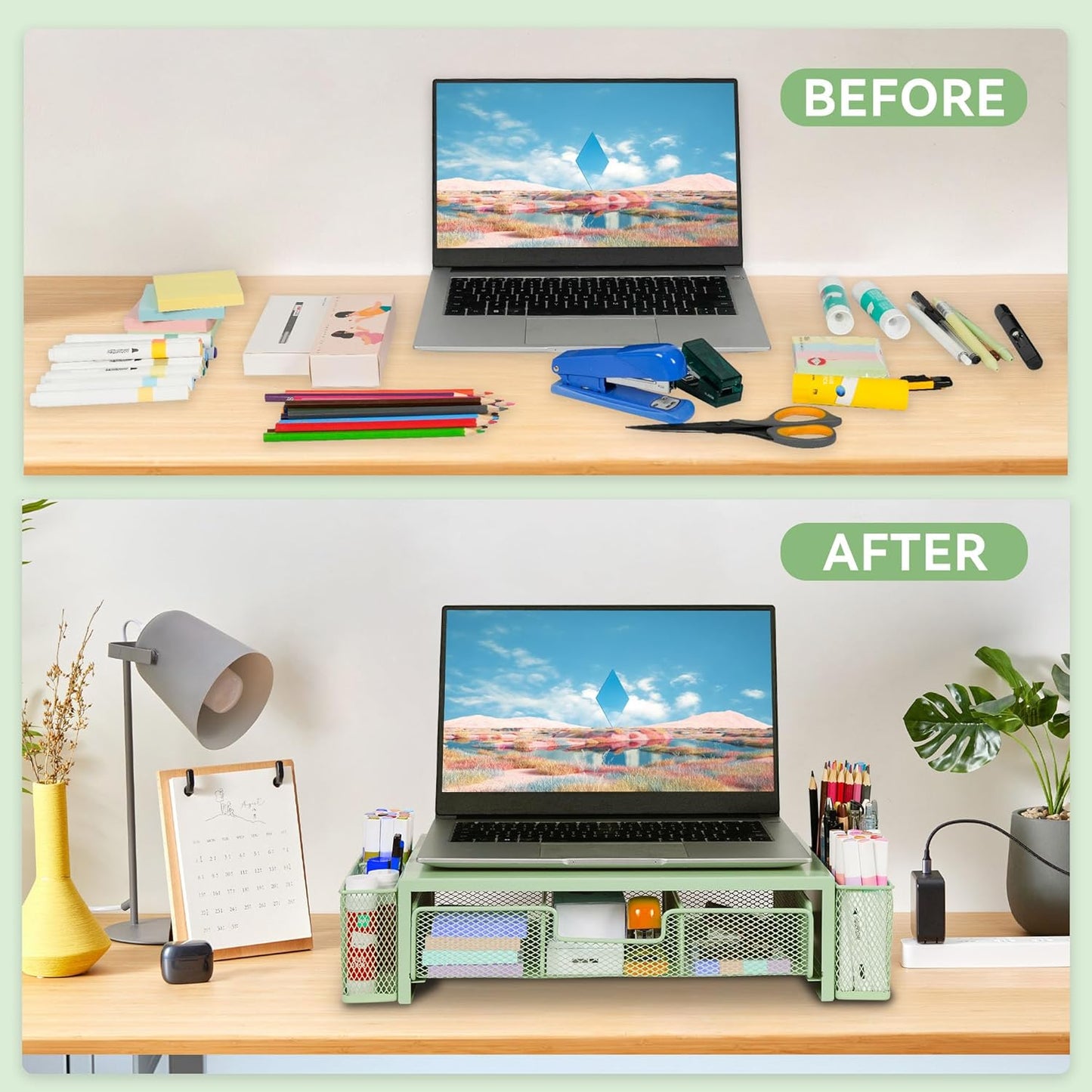 Qupui Computer Monitor Stand Riser with Drawer and Pen Holders, Desk Organizer Shelf and Accessories, Office Desk Accessories, Office Organization, Black