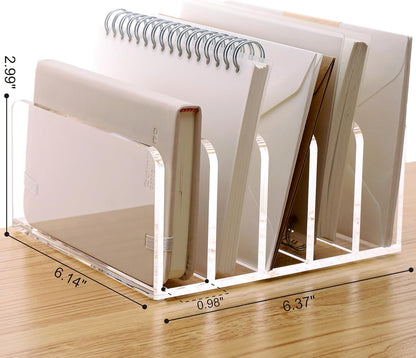 SANRUI 5 Compartments Acrylic Mail Sorter Holder, Clear Document Magazine Envelope File Rack, Vertical Letter Sorter & Multifunction Desk Organizer for Bills, Documents, Notebooks