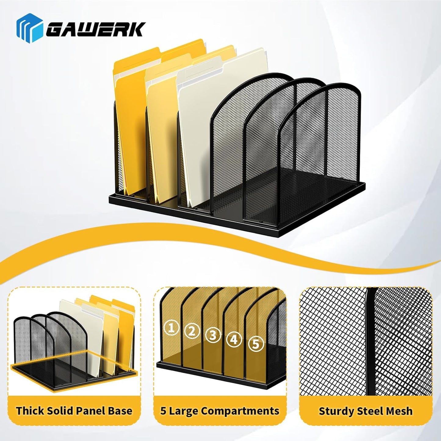 Gawerk Large Size Desk File Organizer, Metal Mesh Vertical Desktop File Holder, 5-Section file organizer for Desk Home Office Black