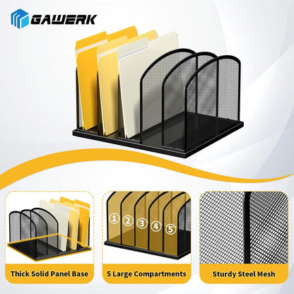 Gawerk Large Size Desk File Organizer, Metal Mesh Vertical Desktop File Holder, 5-Section file organizer for Desk Home Office Black