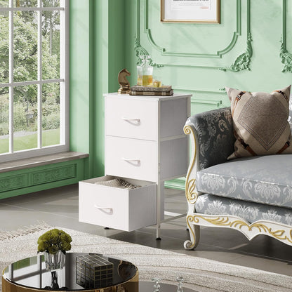 WLIVE Dresser with 3 Drawers, Fabric Nightstand, Cabinet with Wheels, Organizer Storage Dresser for Bedroom, Office, Entryway, Closets, Sturdy Steel Frame, Wood Top, Easy Pull Handle, White