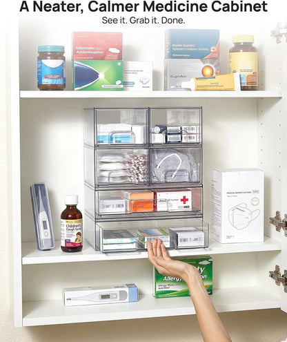 Vtopmart Stackable Storage Drawers Set of 4, Clear Plastic Organizer Bins for Bathroom Supplies,Ideal for Cabinet,Pantry,Laundry Room Organization