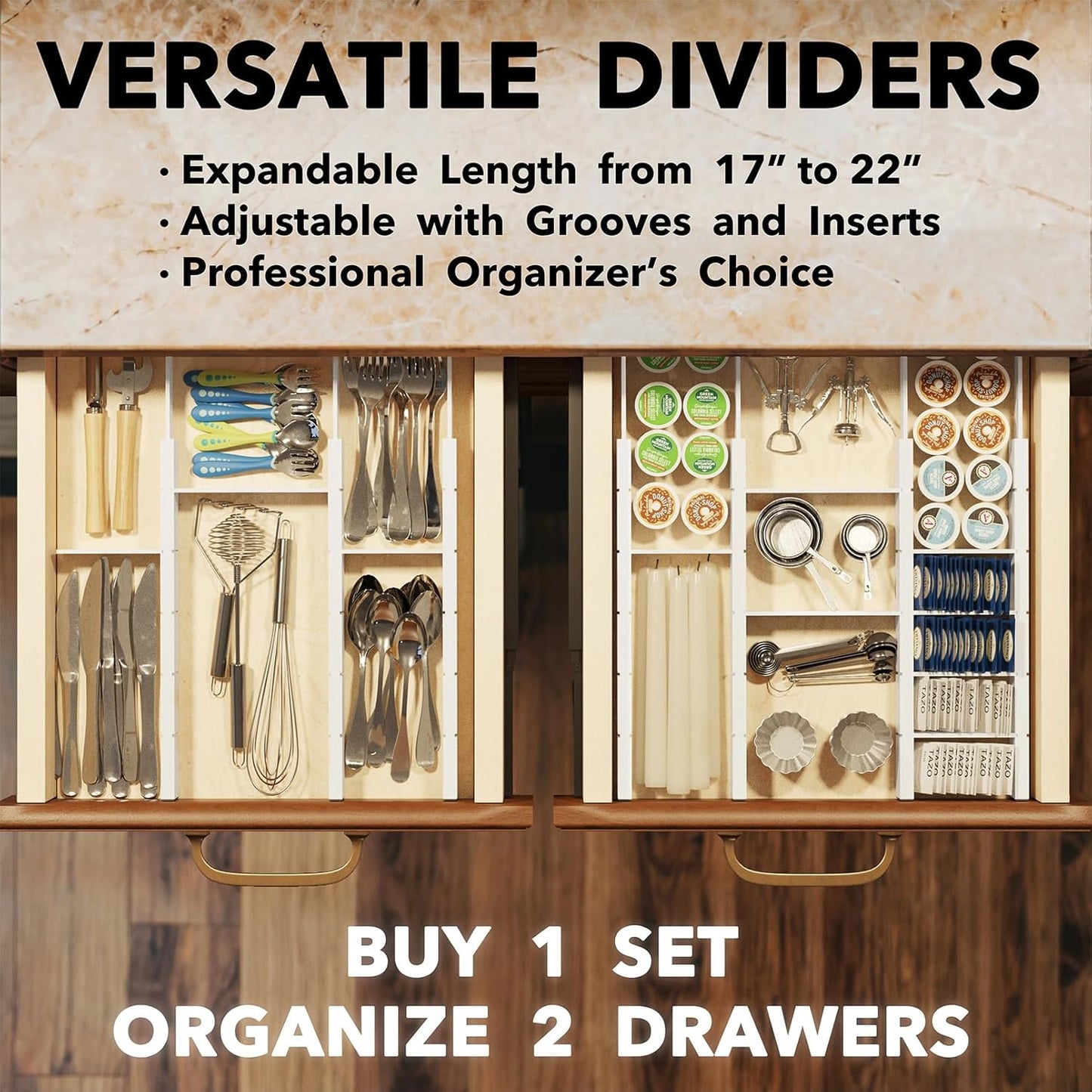 SpaceAid Bamboo Drawer Dividers with Inserts and Labels, Kitchen Adjustable Drawer Organizers, Expandable Organization for Home, Office, Dressers, 4 Dividers with 9 Inserts (17"-22" Natural)