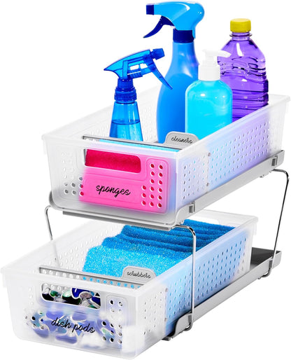 madesmart 2 Tier Bath Organizer, Undersink Storage with Sliding Drawers, for Cleaning Supplies, Pantry, Sponges, Bottles & Kitchen Essentials, Adjustable Dividers & Pull Out Sliding Baskets, Frost