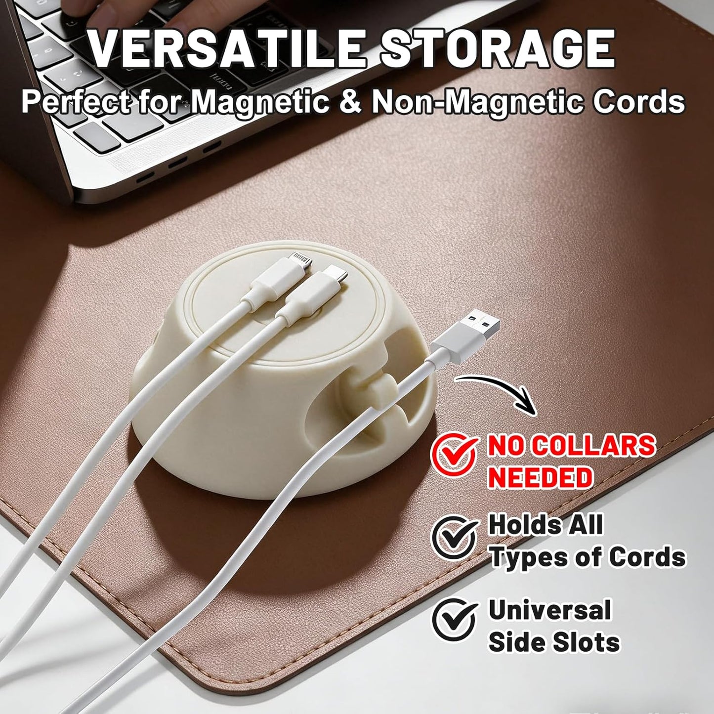 SOOoEC [N52 Ultra-Strong Snap-On Magnetic Cord Holder, Weighted Desktop Cable Organizer, Premium Liquid Silicone, No Collars Needed for iPhone & USB-C, Dual-Side Slots, Beige