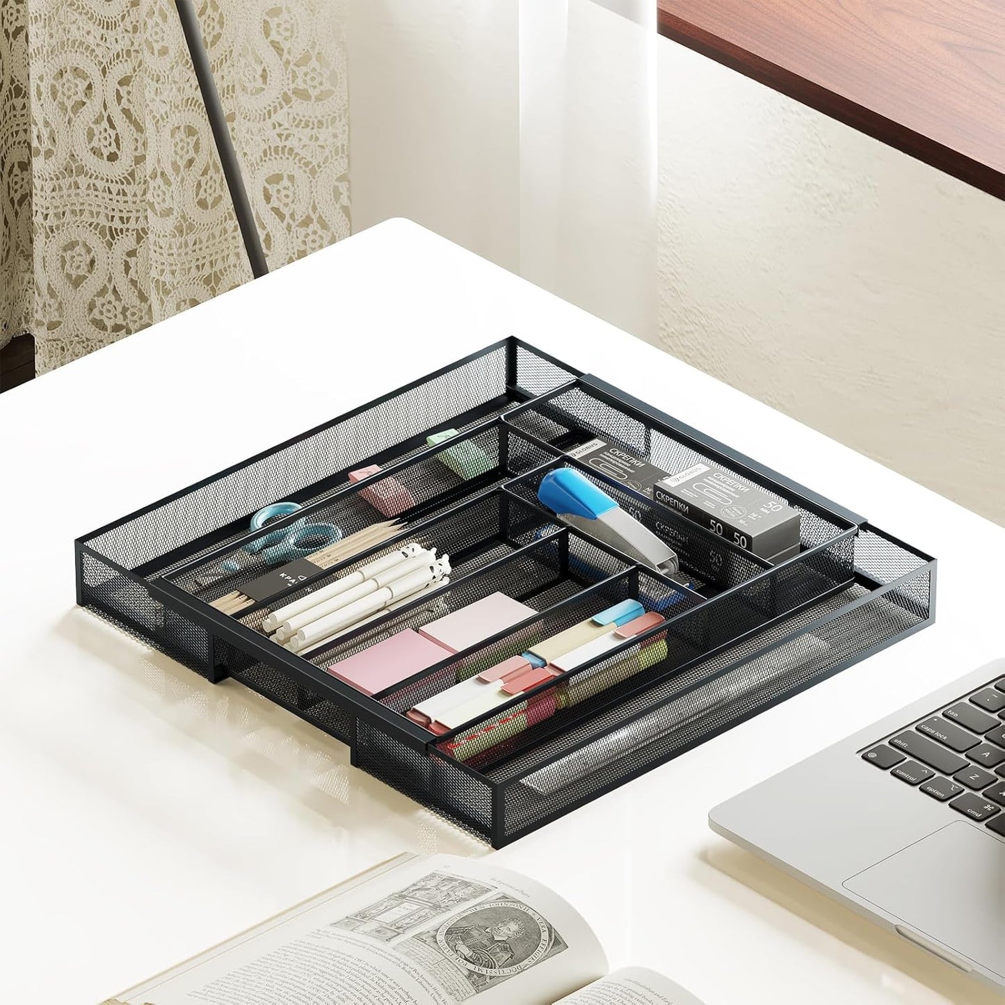 Sedegn Silverware Organizer Metal Mesh, Small Drawer Organizer, Utensil Cutlery Tray for kitchen drawers, Flatware Organizer with 5 Compartment, Black(9.3"*12.6")