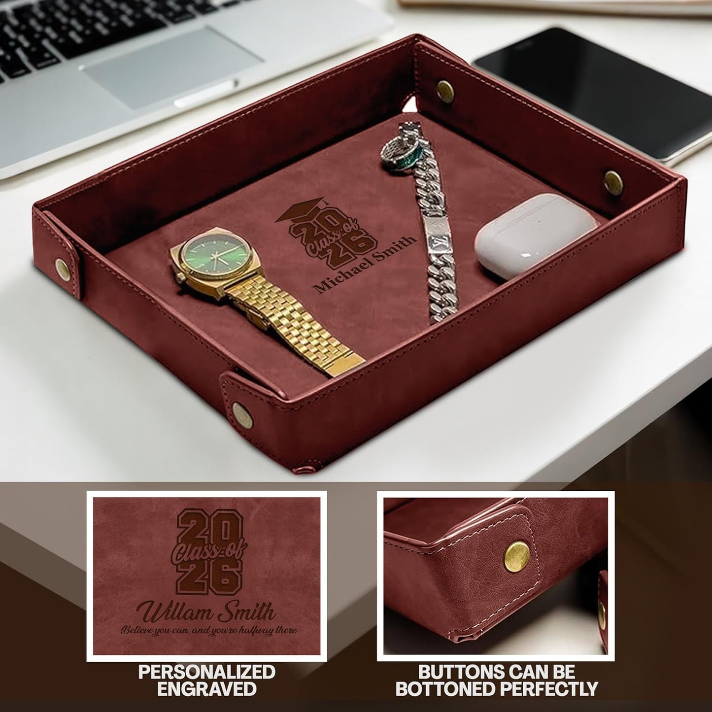 Engraved Leather Valet Tray for Men – Personalized Catchall with Custom Name for Desk, Dresser, Nightstand – Men's Organizer Tray for Keys, Wallet, Jewelry, Personalized Gift for Home, Office - Coffee