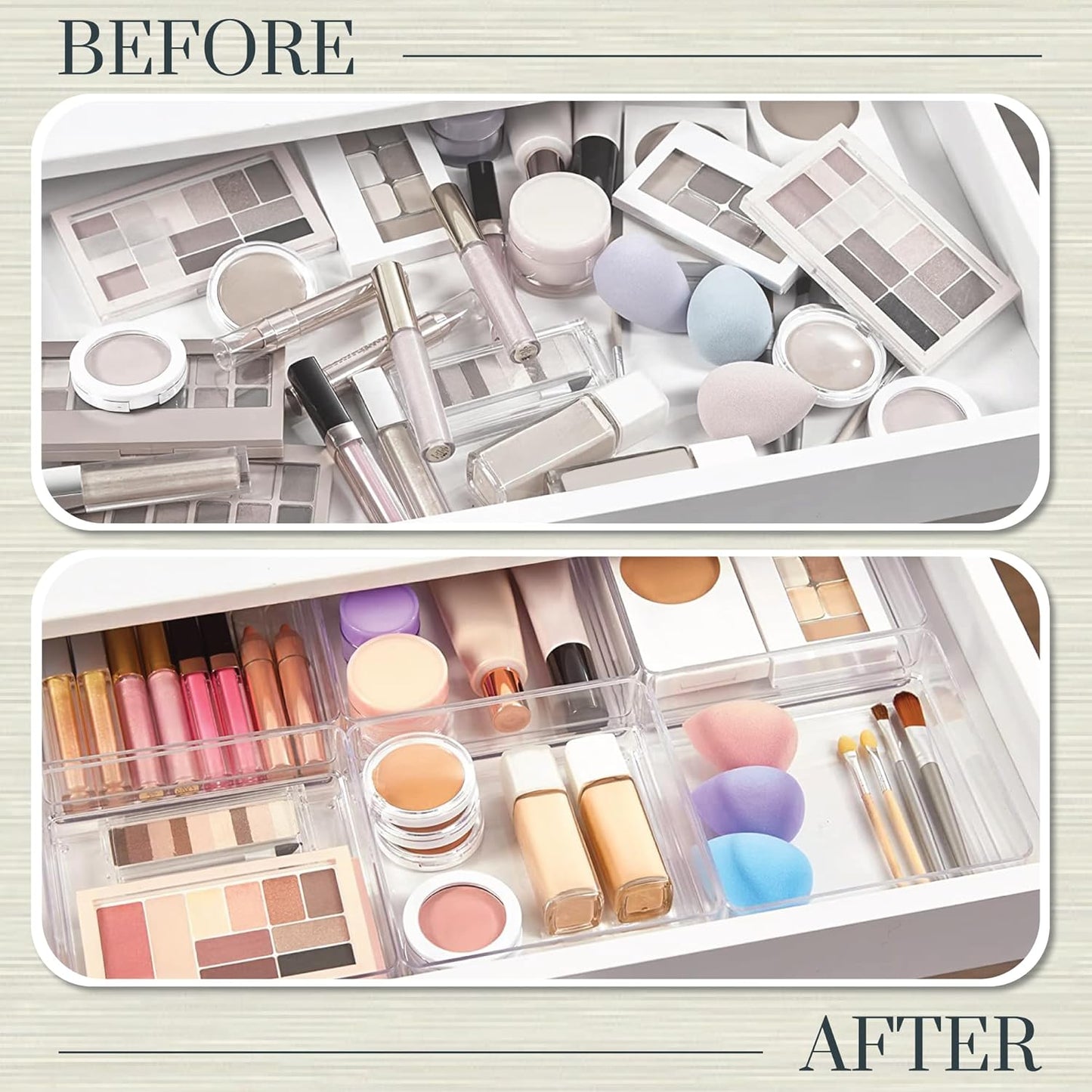 STORi SimpleSort 3-Piece Stackable Clear Drawer Organizer Set | 9" x 6" x 2" Rectangle Trays | Wide Makeup Vanity Storage Bins and Office Desk Drawer Dividers | Made in USA