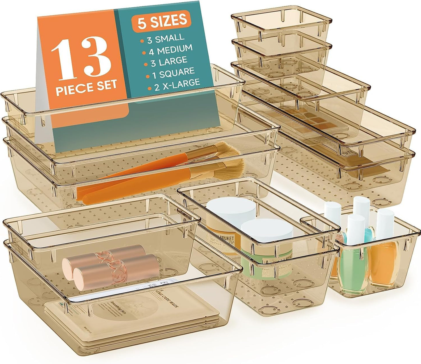 StorMiracle 16 PCS Drawer Organizer Set, 5 Varied Size Bathroom and kitchen Drawer cabinet organizer Trays, Clear Storage Bins for Makeup, Jewelry, Utensils and Gadgets