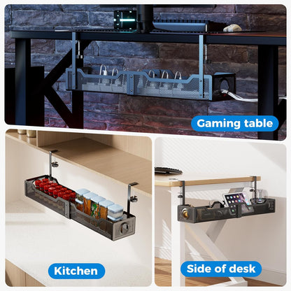 Under Desk Cable Management Tray White, Cinati Wire Organizers No Drill, Cable Tray with Clamp for Wire Management, Cord Organization Box for Office, Home - No Damage to Desk
