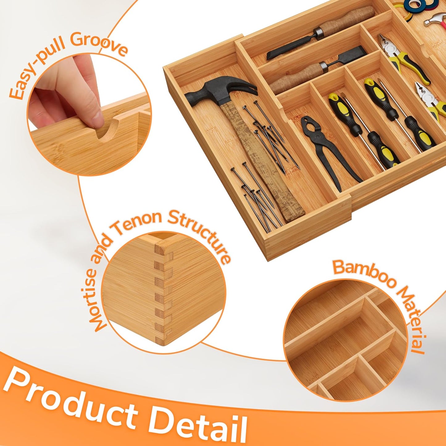 BAMEOS drawer organizer flatware organizer cutlery tray silverware organizer expandable adjustable bamboo drawer organizer kitchen bathroom