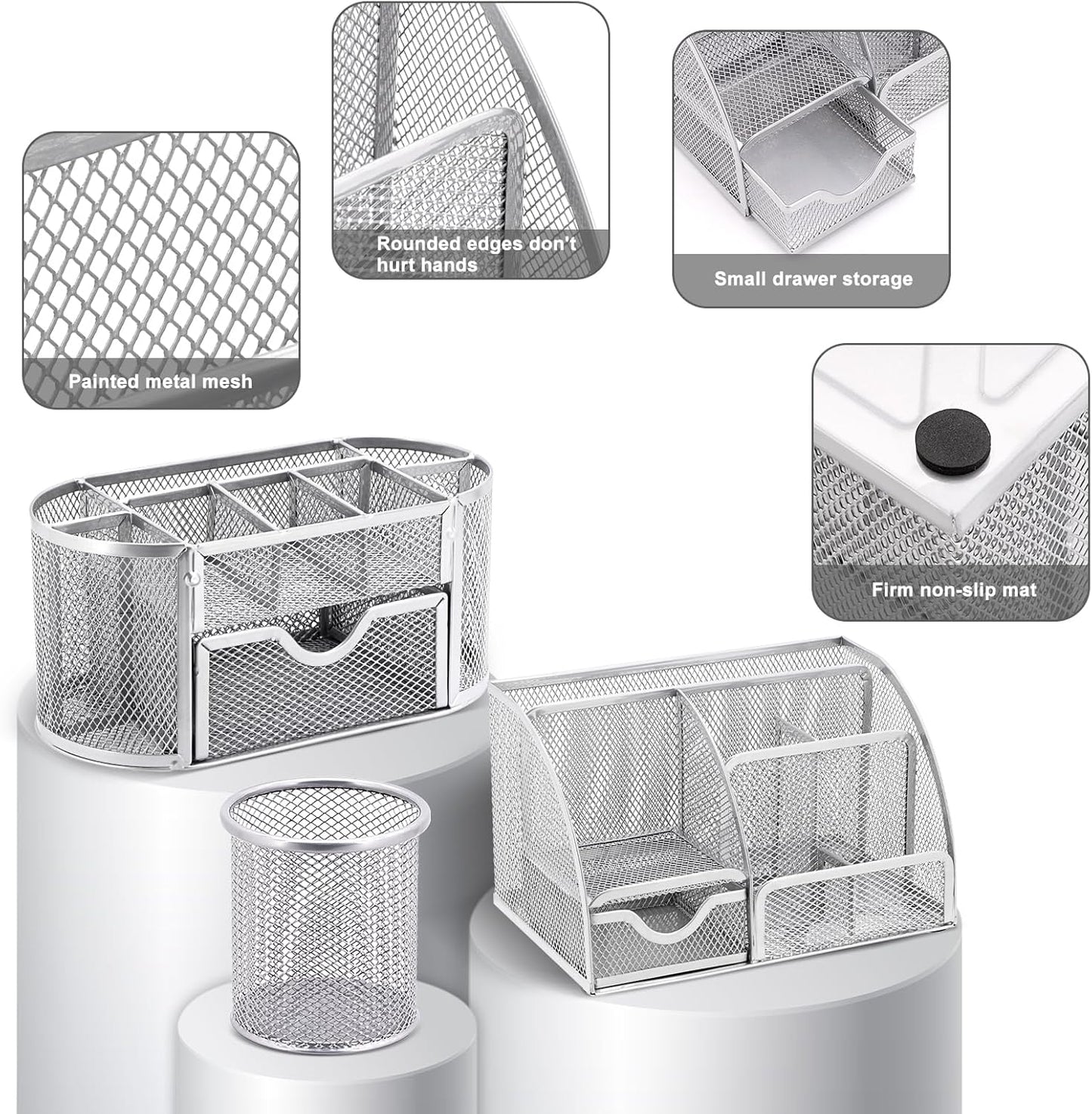 17 in1 Silvery Desk Organizers and Accessories Set, 3 Office Desk Supplies Storage Organization, 4 Pens, Stapler, Staples & Remover, Tape & Dispenser, Scissors, Ruler, Clips, Hole Punch Back to School