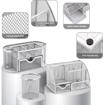 17 in1 Silvery Desk Organizers and Accessories Set, 3 Office Desk Supplies Storage Organization, 4 Pens, Stapler, Staples & Remover, Tape & Dispenser, Scissors, Ruler, Clips, Hole Punch Back to School
