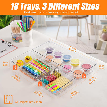Criusia 6 Pcs Large Size Clear Drawer Organizer Set, Acrylic Non Slip Non Cracking Kitchen Drawer Storage Tray Divider, Multifunctional Storage for Cosmetics, Bathroom, Tools, Kitchen and Office